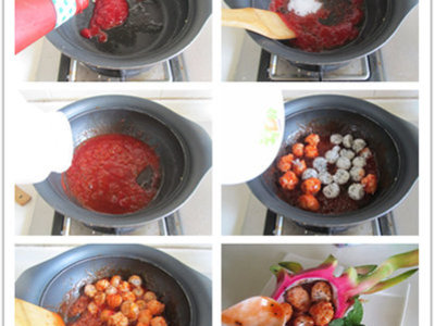 茄汁火龙果鸡丸的做法和步骤(图2)